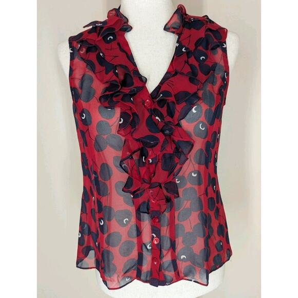 Nanette Lepore Sleeveless 100% Silk Blouse Sheer Cherry Print Ruffle Size 4 USA - Picture 3 of 10